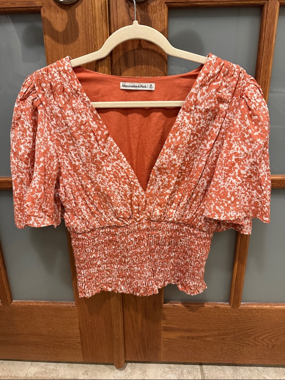 Abercrombie & Fitch Rust Floral V-Neck Smocked Crop Blouse